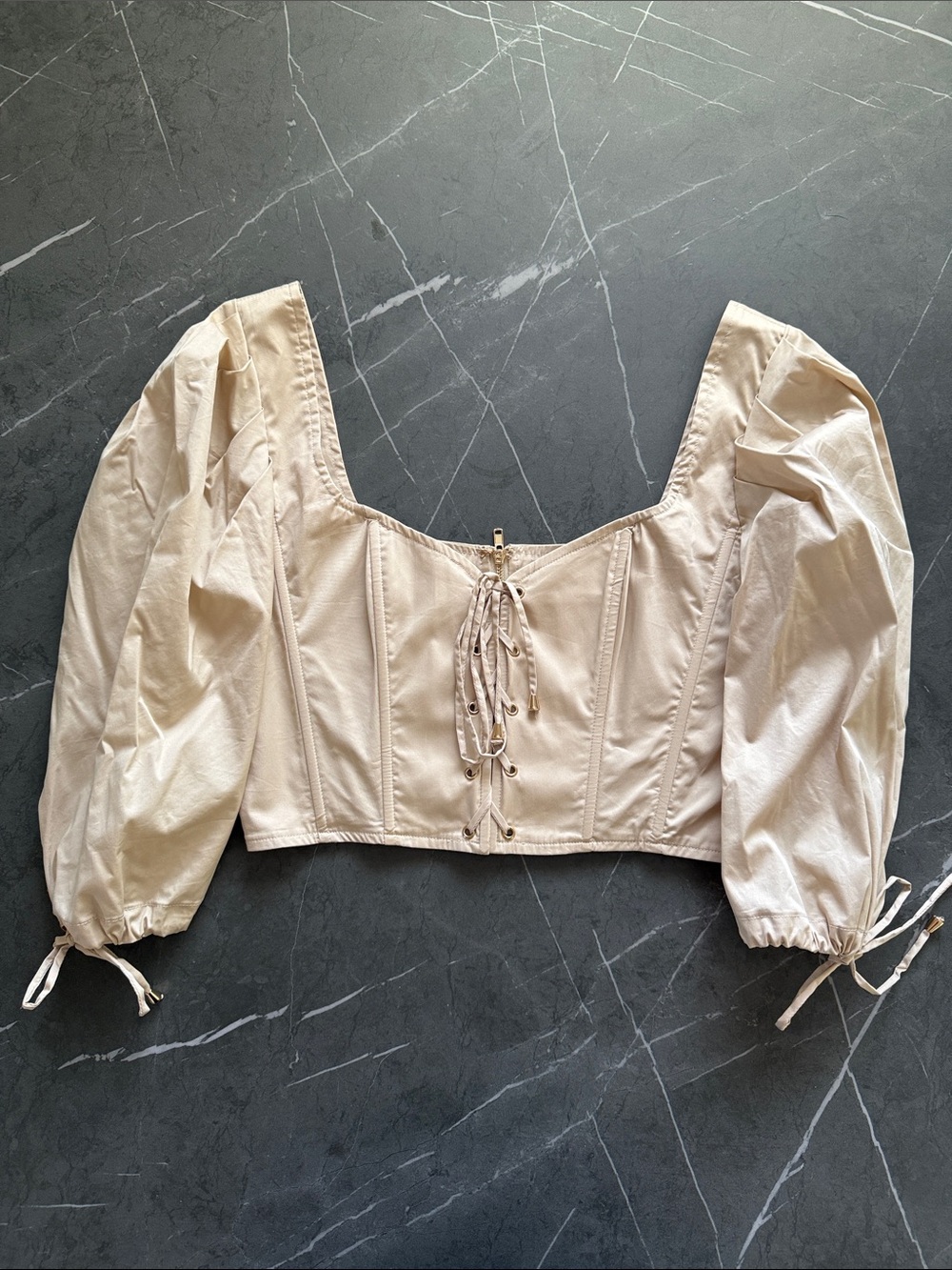 Oh Polly Cream Lace-Up Puff Sleeve Crop Top